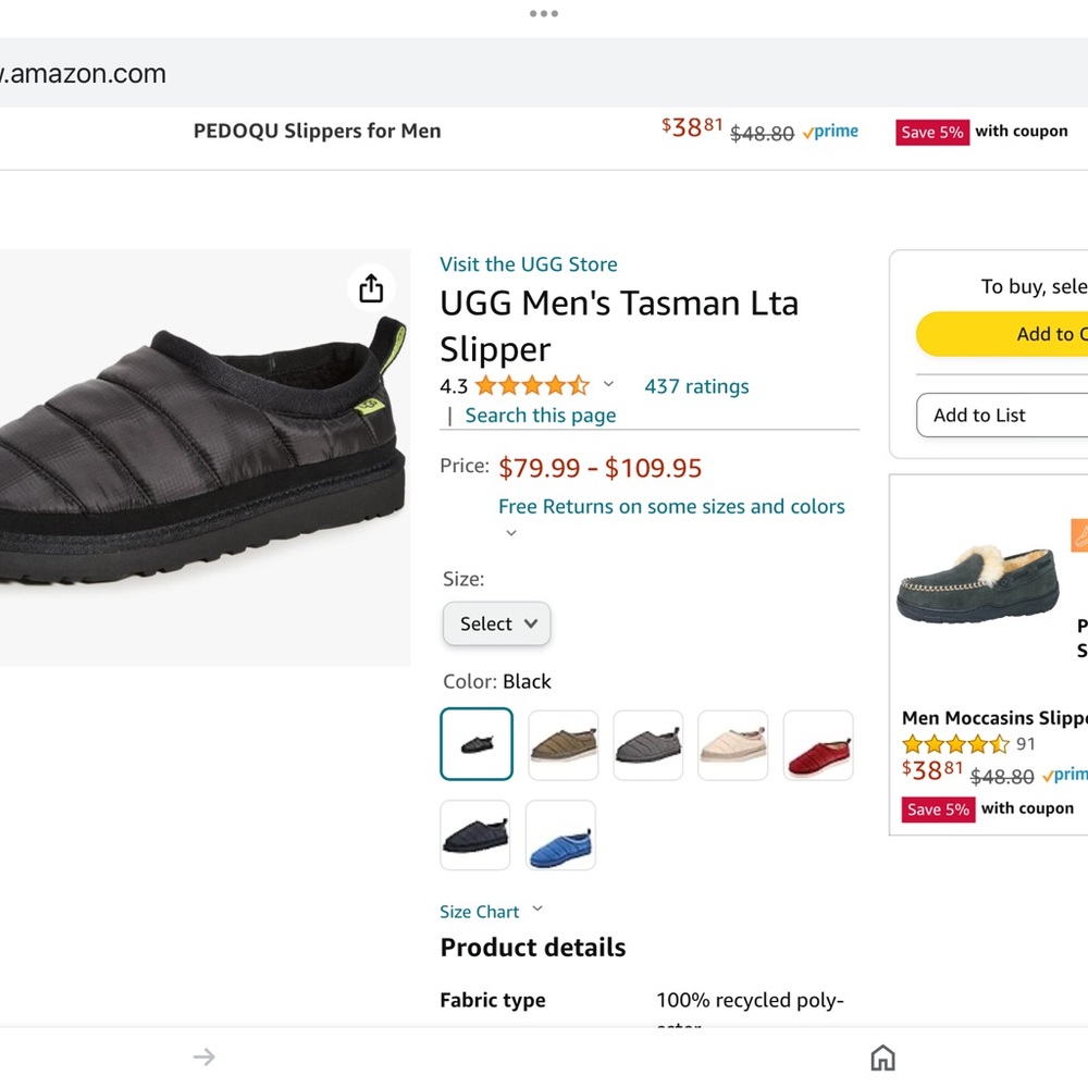 UGG Tasman Slippers, size 11, black